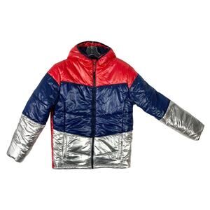ROEBUCK & CO Jacket Boys XL 18 Red-Blue-Silver Puffer Fleece-Hood